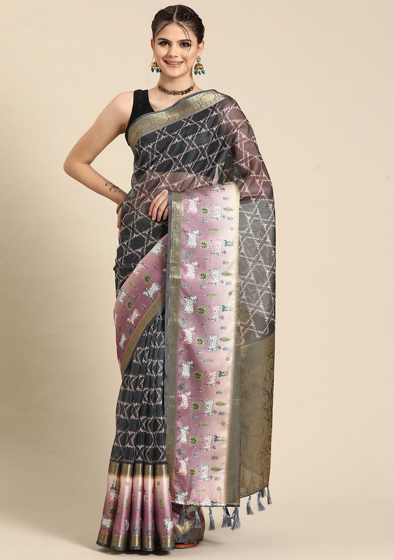 Grey Printed Kanjeevaram Silk Saree