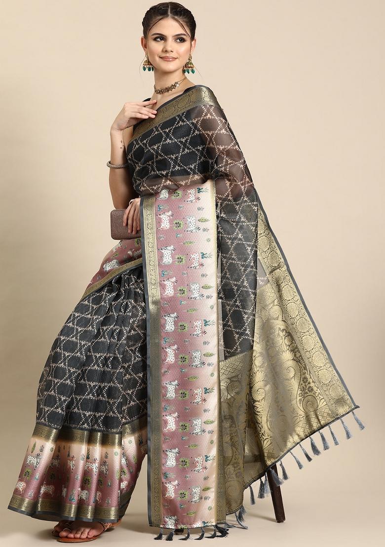 Grey Printed Kanjeevaram Silk Saree