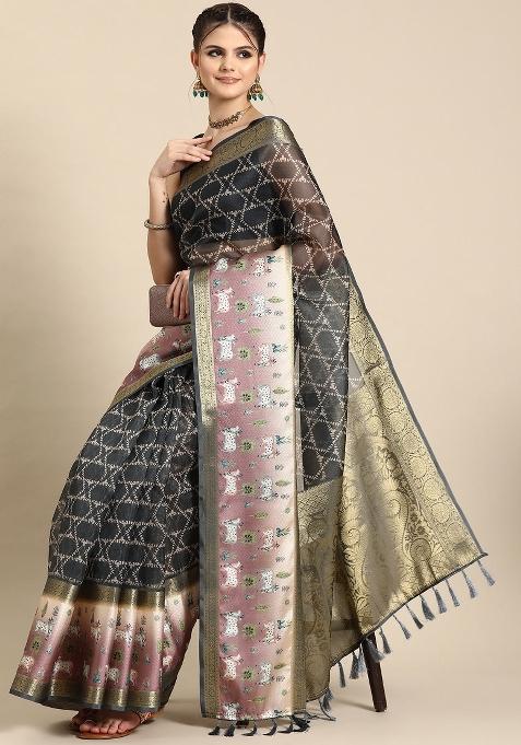 Grey Printed Kanjeevaram Silk Saree