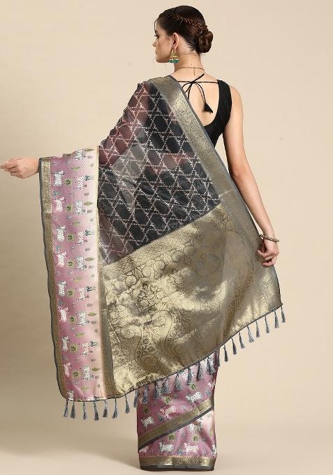 Grey Printed Kanjeevaram Silk Saree