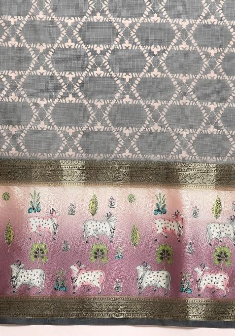 Grey Printed Kanjeevaram Silk Saree