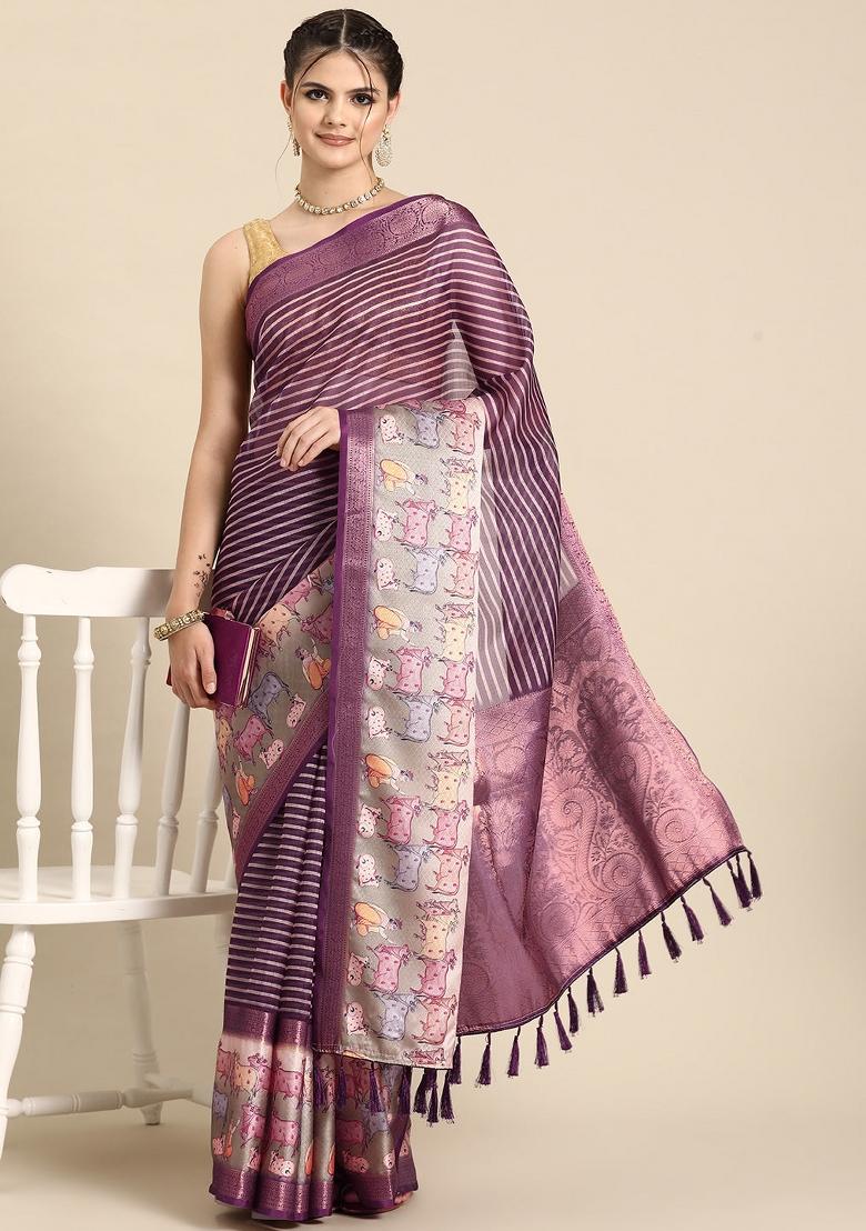 Purple Printed Kanjeevaram Silk Saree