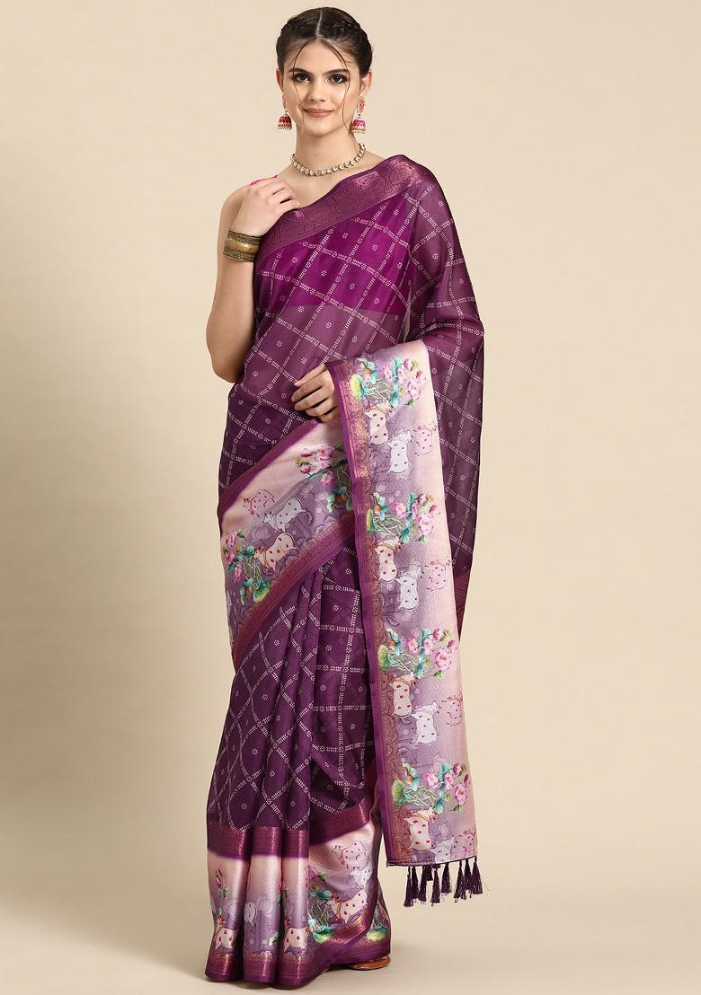 Purple Printed Kanjeevaram Silk Saree