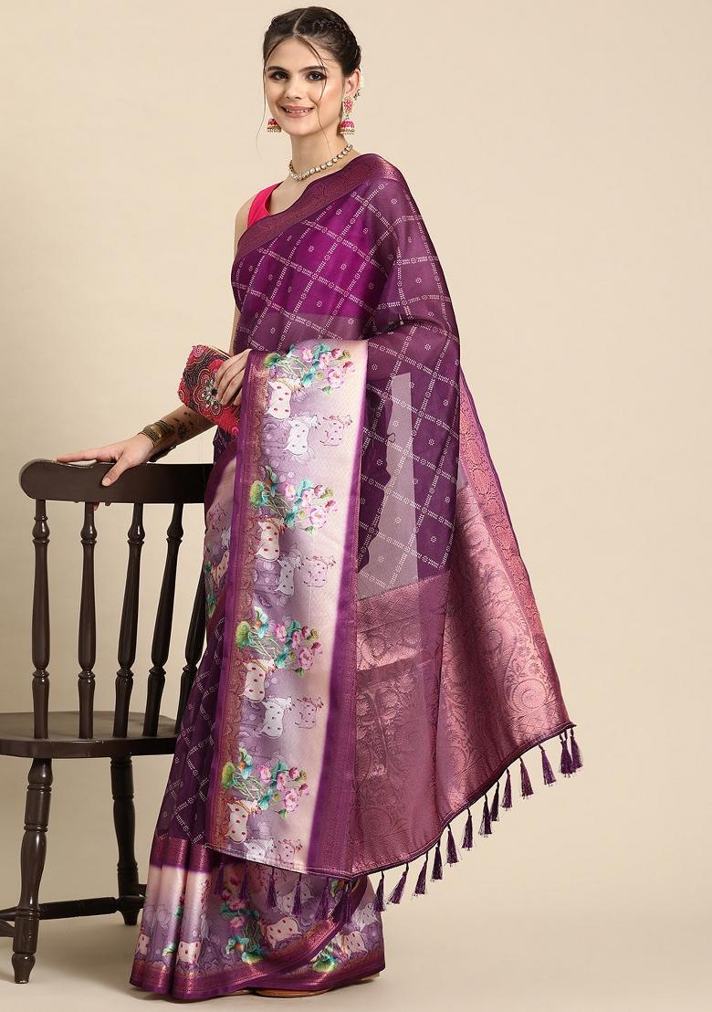Purple Printed Kanjeevaram Silk Saree