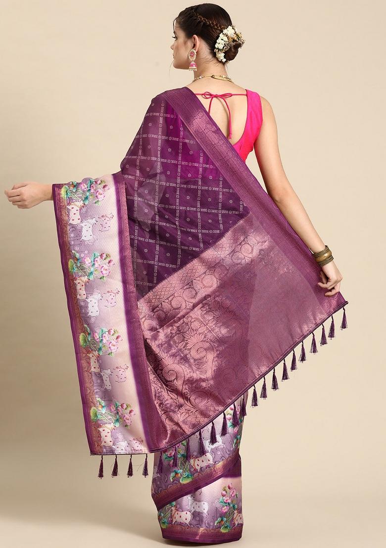 Purple Printed Kanjeevaram Silk Saree
