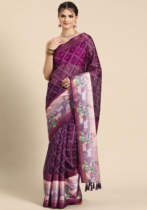 Purple Printed Kanjeevaram Silk Saree