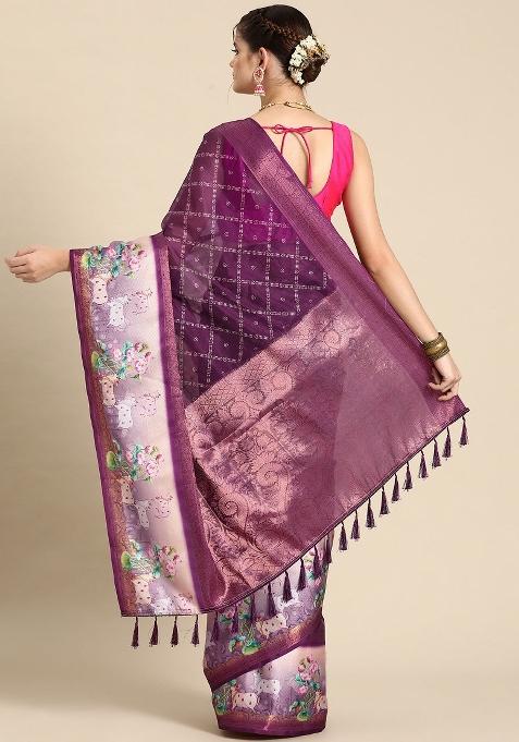 Purple Printed Kanjeevaram Silk Saree