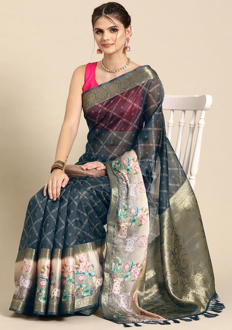 Grey Printed Kanjeevaram Silk Saree