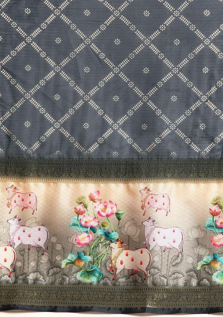 Grey Printed Kanjeevaram Silk Saree