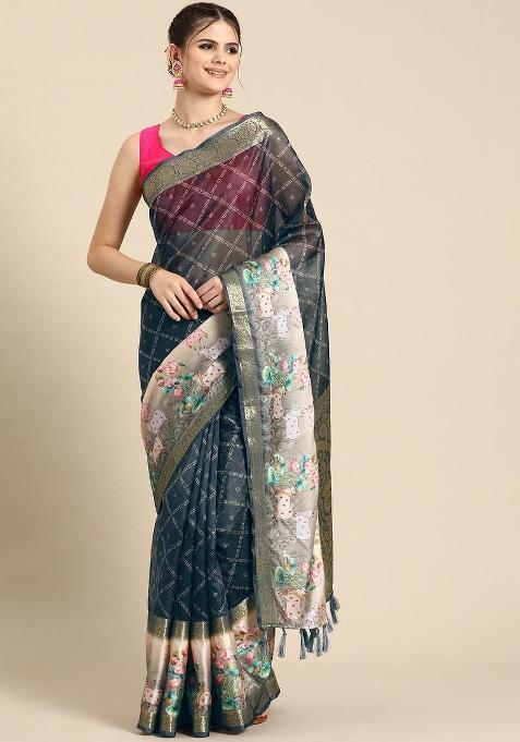 Grey Printed Kanjeevaram Silk Saree