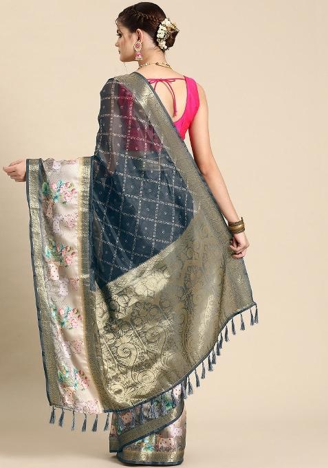 Grey Printed Kanjeevaram Silk Saree