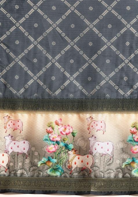 Grey Printed Kanjeevaram Silk Saree