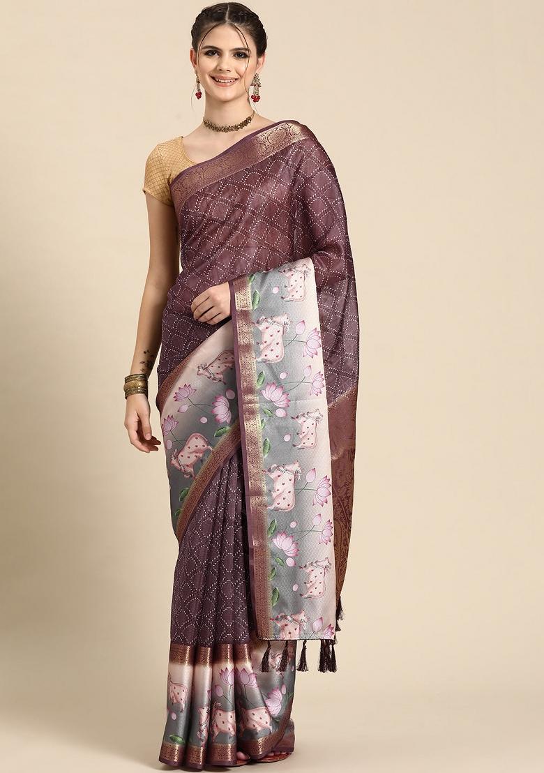 Purple Printed Kanjeevaram Silk Saree