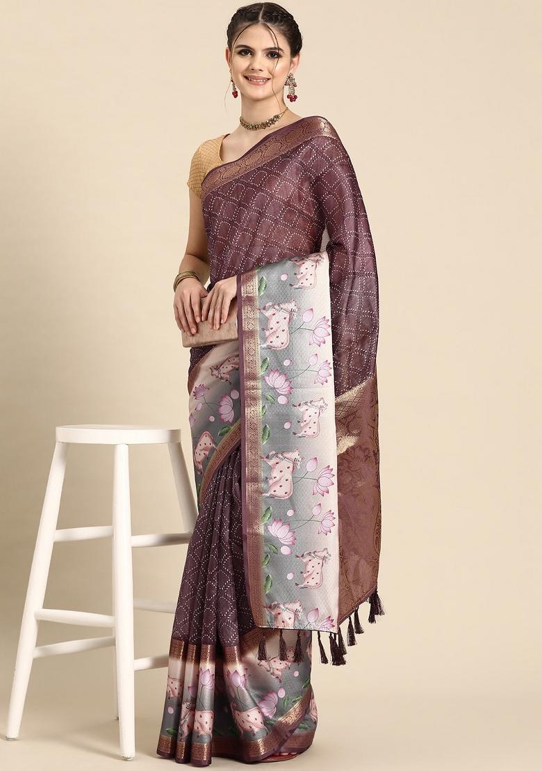 Purple Printed Kanjeevaram Silk Saree
