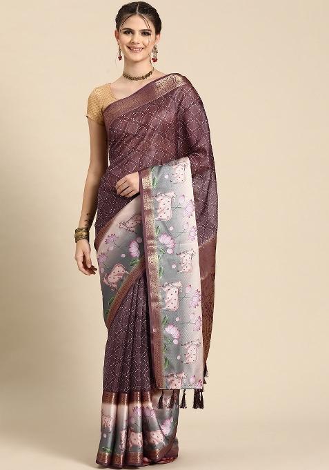 Purple Printed Kanjeevaram Silk Saree