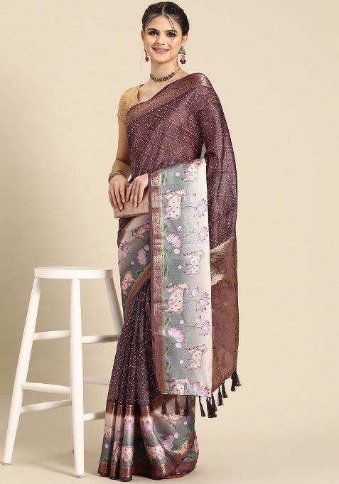 Purple Printed Kanjeevaram Silk Saree