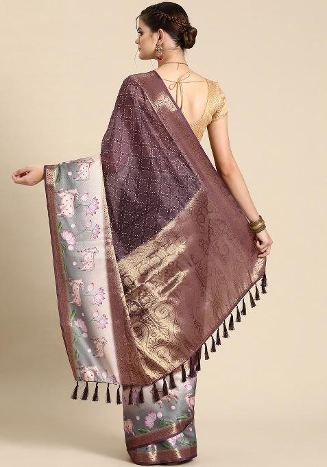 Purple Printed Kanjeevaram Silk Saree