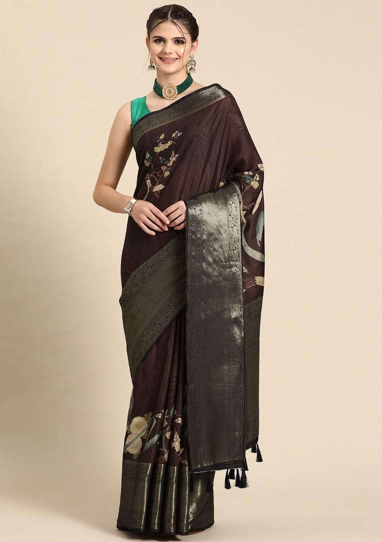 Brown Printed Kanchipuram Silk Saree