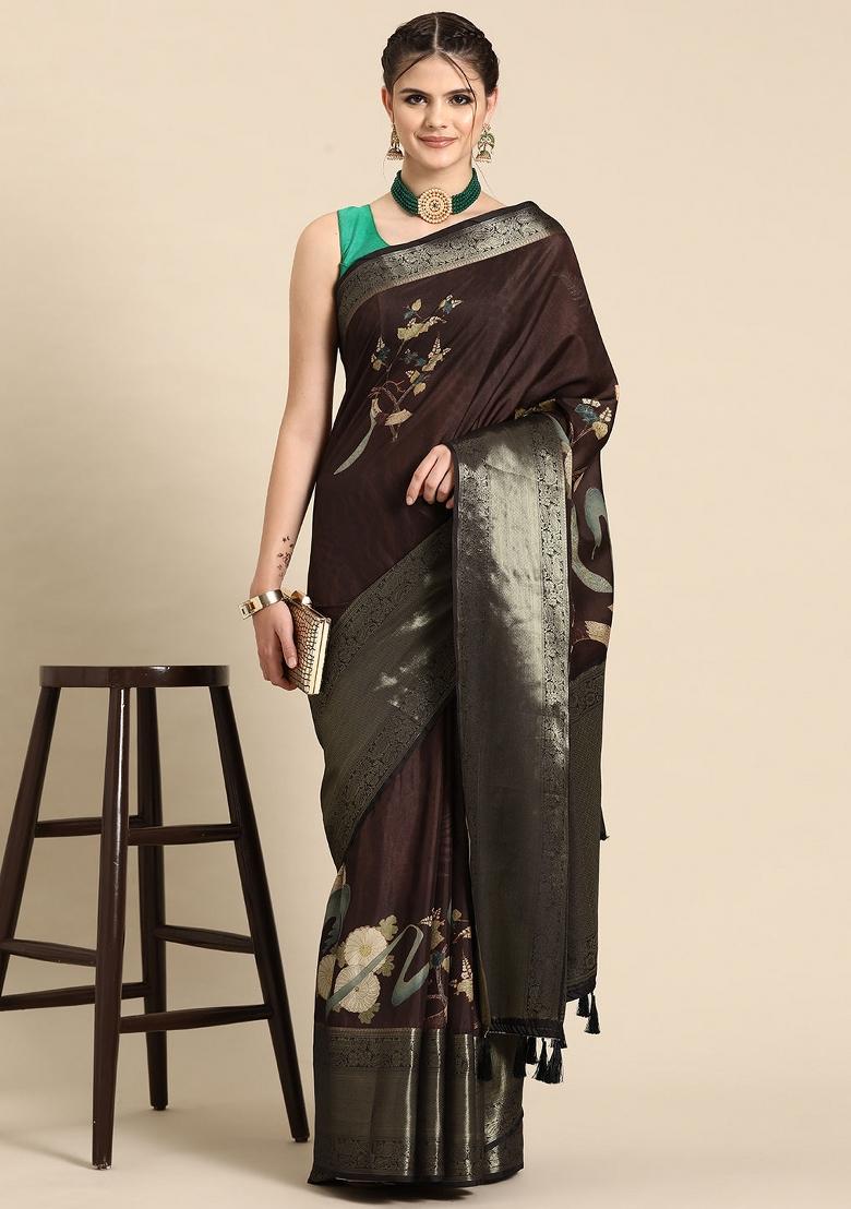 Brown Printed Kanchipuram Silk Saree