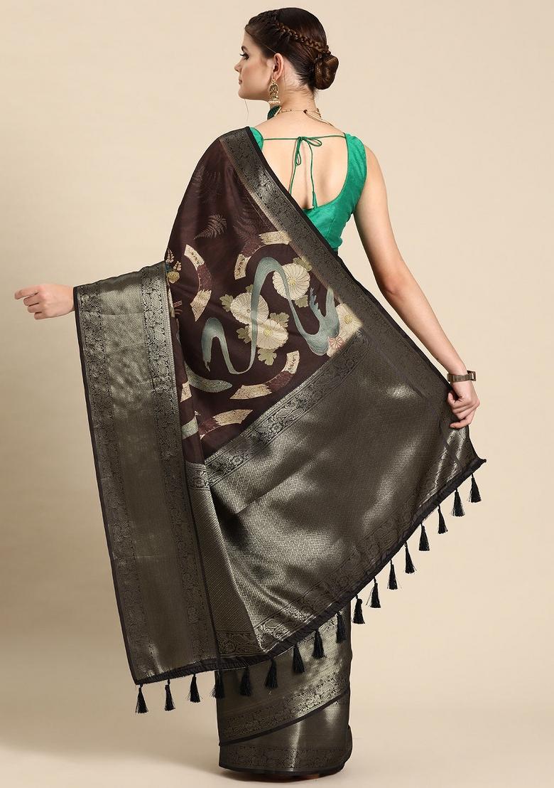 Brown Printed Kanchipuram Silk Saree