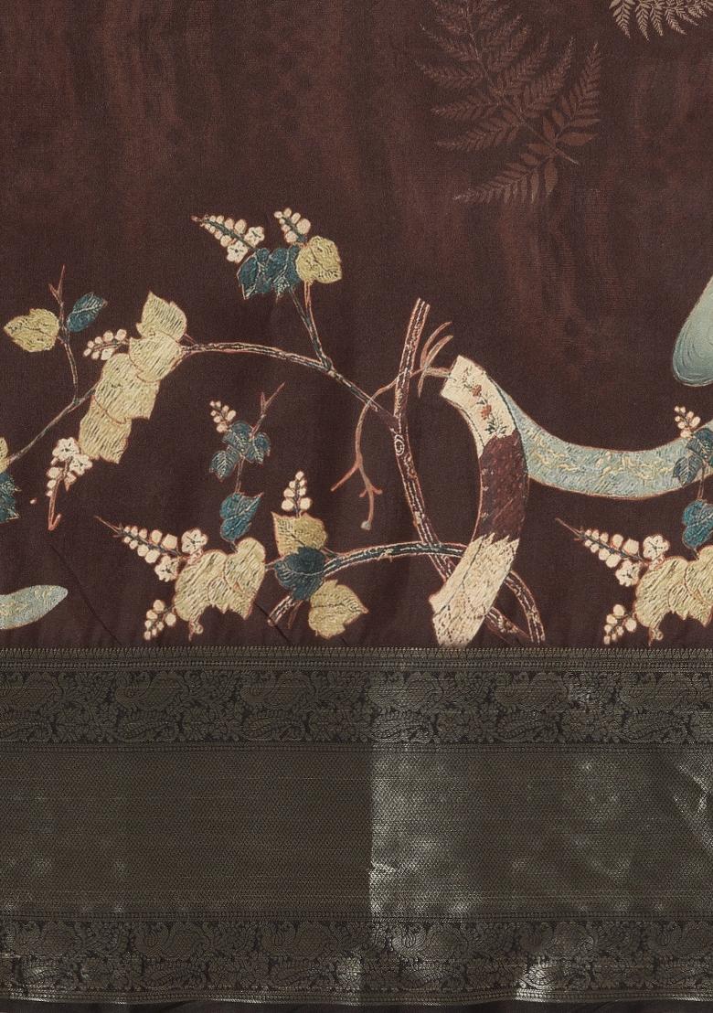 Brown Printed Kanchipuram Silk Saree