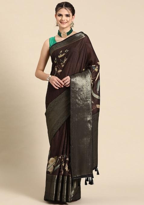 Brown Printed Kanchipuram Silk Saree