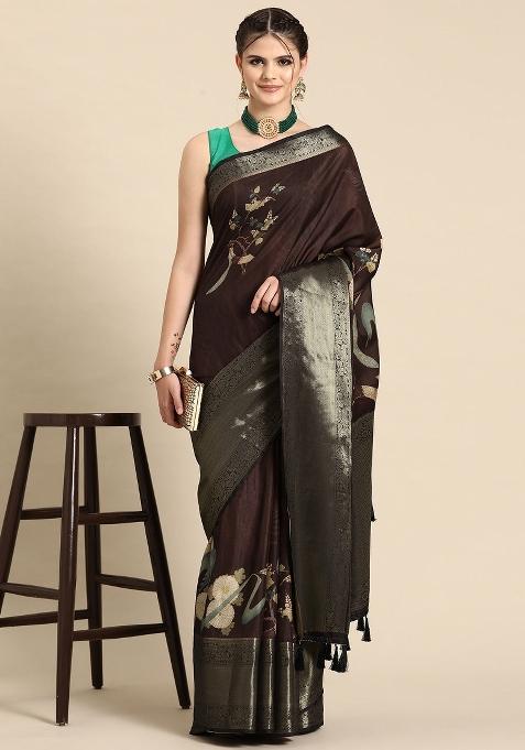Brown Printed Kanchipuram Silk Saree