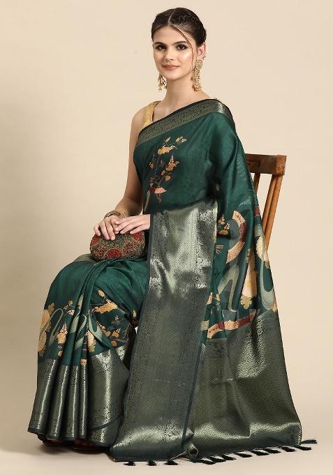 Green Printed Kanchipuram Silk Saree