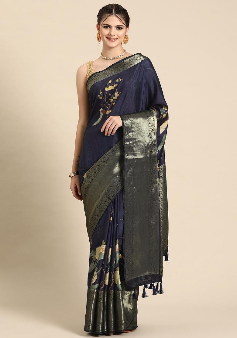 Navy Blue Printed Kanchipuram Silk Saree