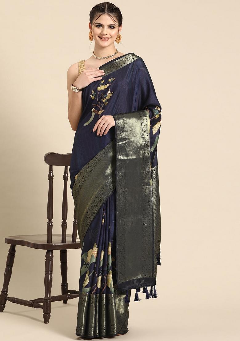 Navy Blue Printed Kanchipuram Silk Saree