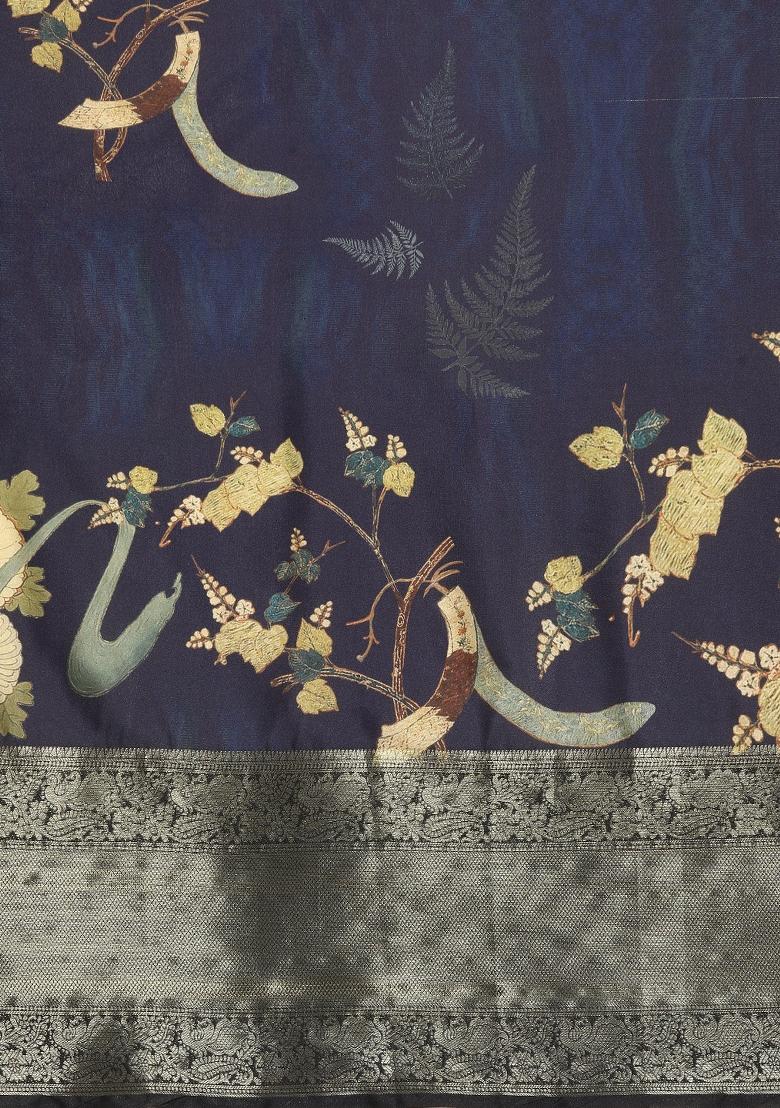 Navy Blue Printed Kanchipuram Silk Saree