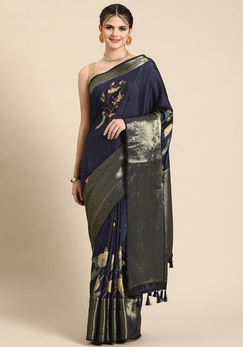 Navy Blue Printed Kanchipuram Silk Saree