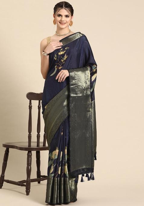Navy Blue Printed Kanchipuram Silk Saree