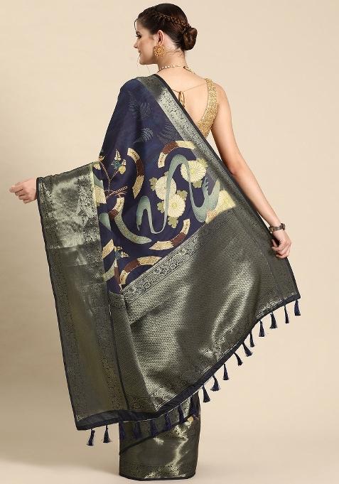 Navy Blue Printed Kanchipuram Silk Saree