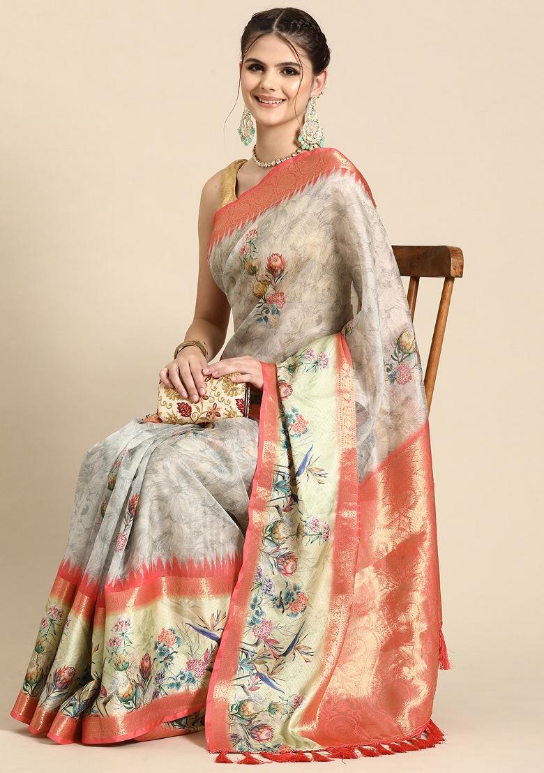 Grey Printed Kanjeevaram Silk Saree