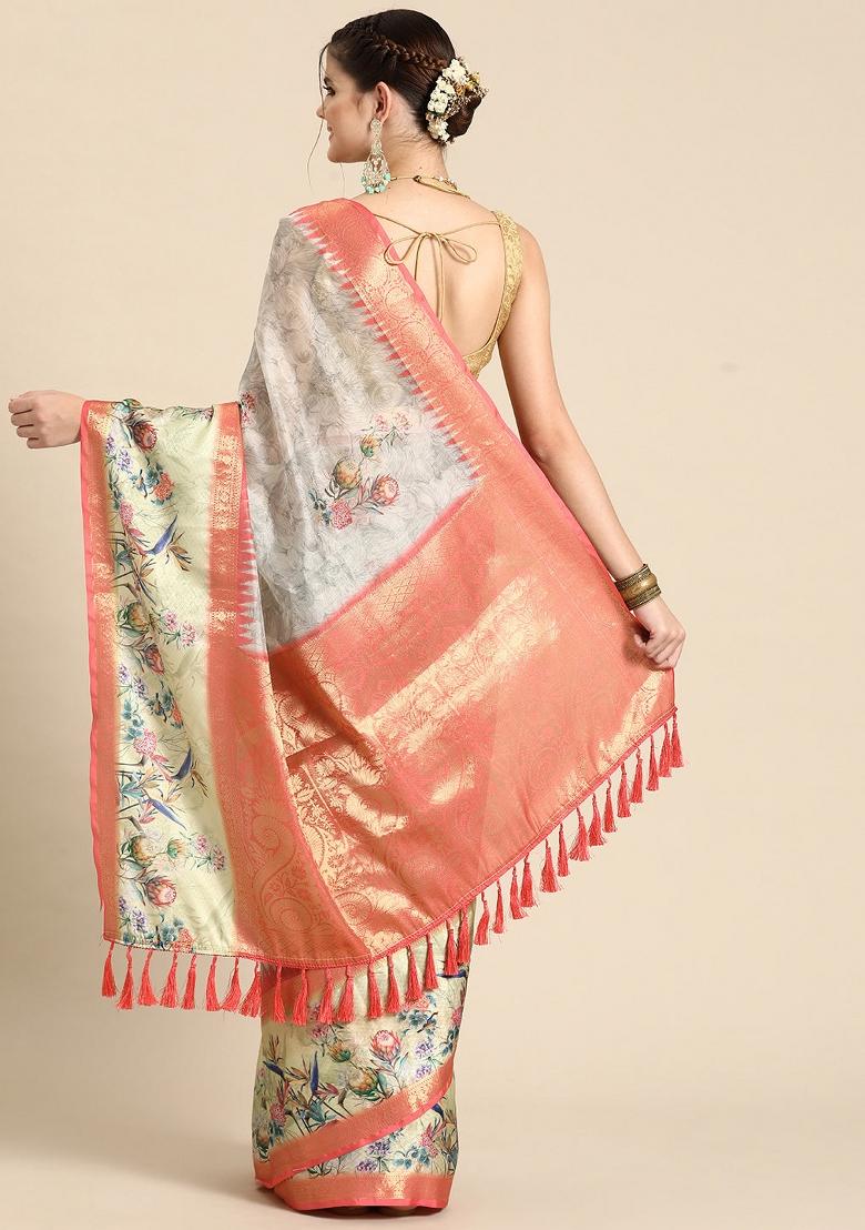 Grey Printed Kanjeevaram Silk Saree