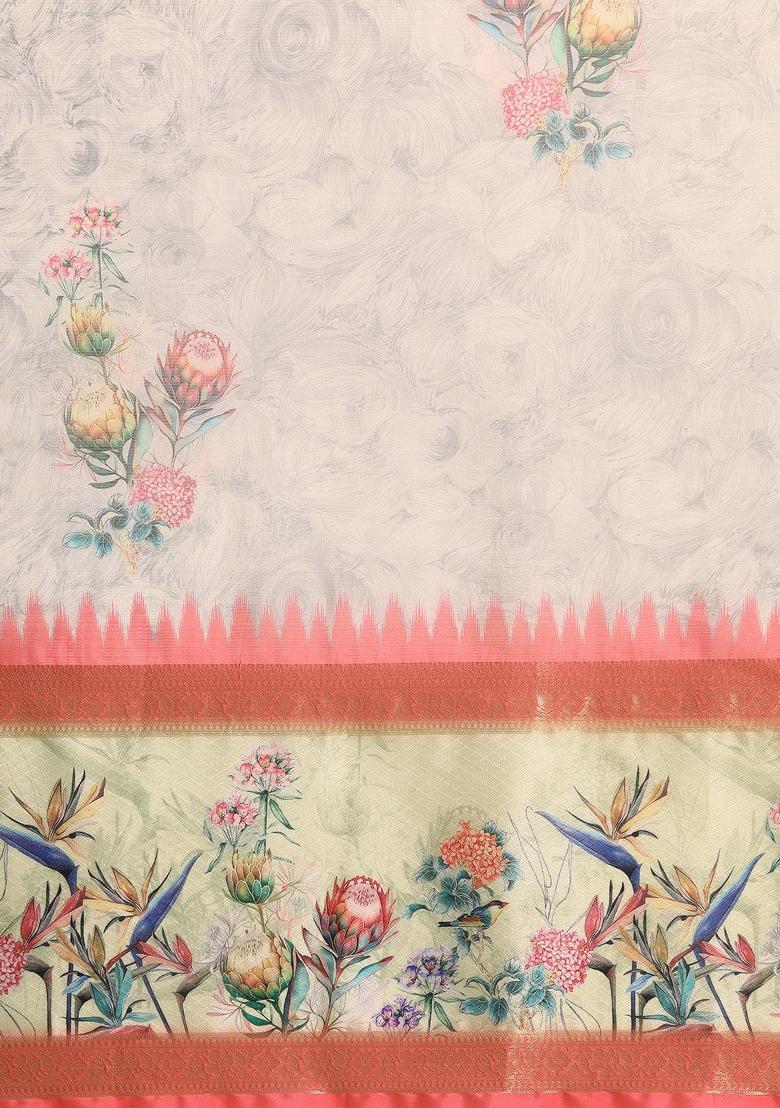 Grey Printed Kanjeevaram Silk Saree