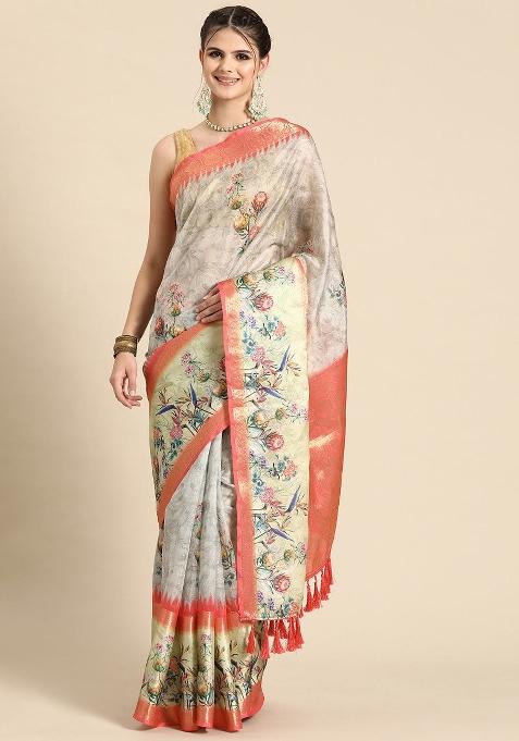 Grey Printed Kanjeevaram Silk Saree