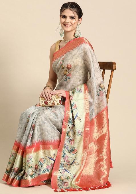 Grey Printed Kanjeevaram Silk Saree