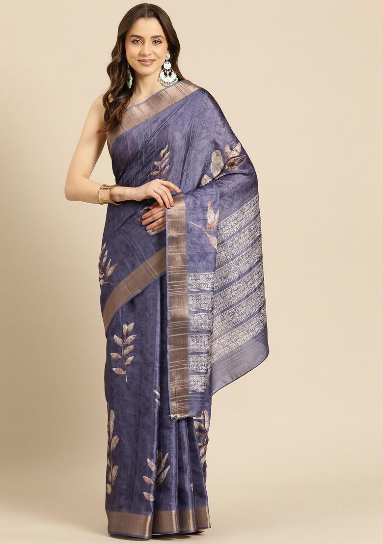 Royal Blue Printed Silk Blend Saree