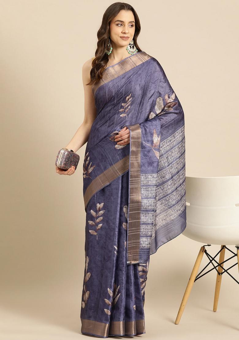 Royal Blue Printed Silk Blend Saree