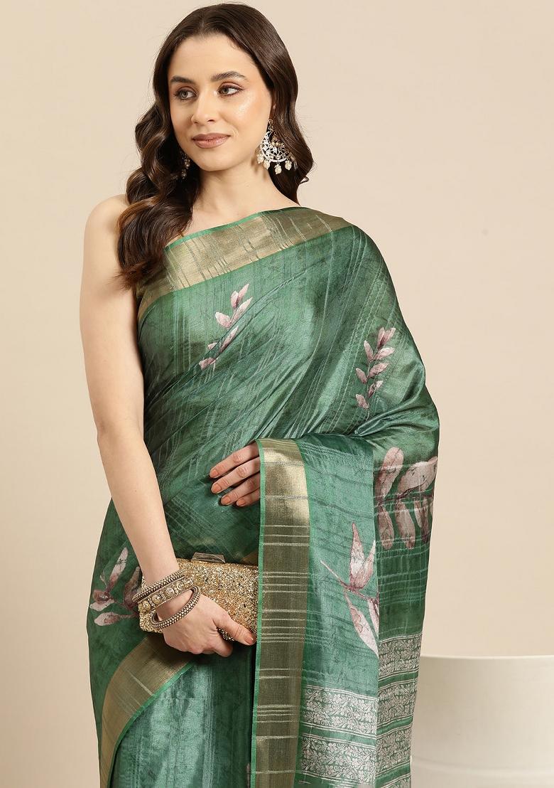 Green Printed Silk Blend Saree