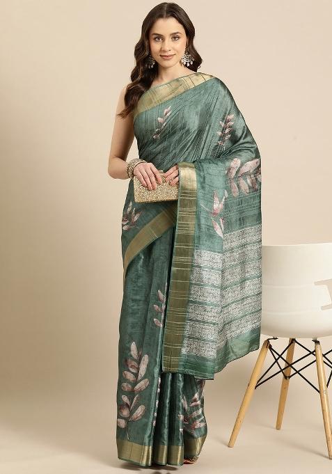 Green Printed Silk Blend Saree