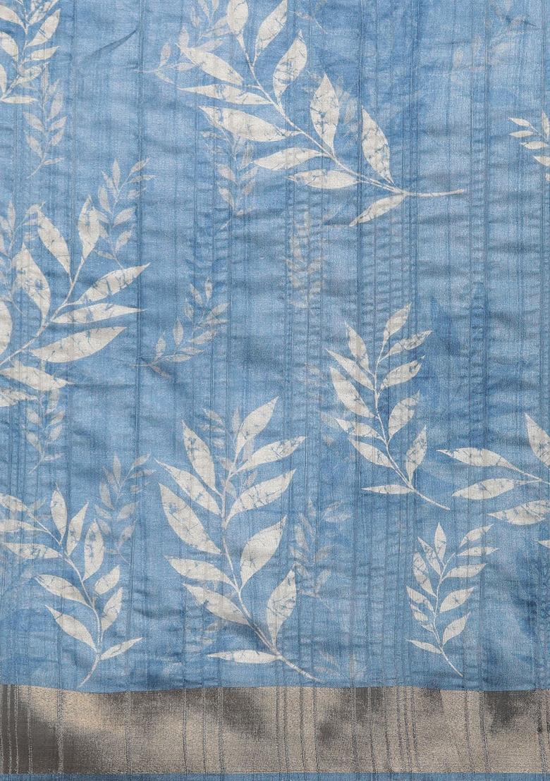 Blue Printed Silk Blend Saree