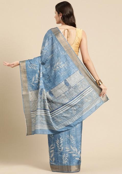 Blue Printed Silk Blend Saree