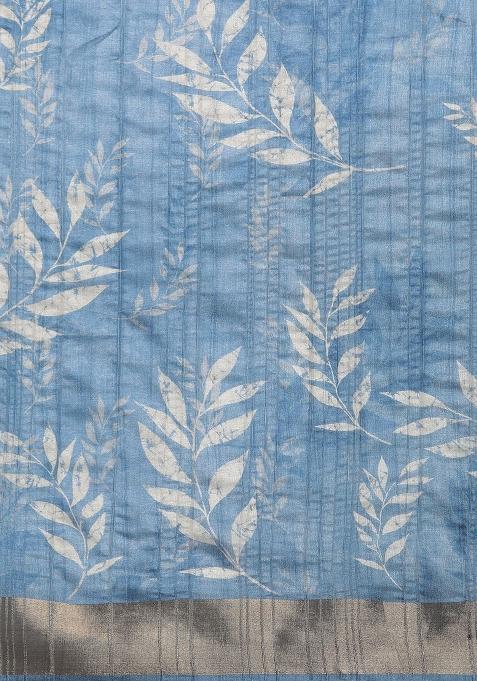 Blue Printed Silk Blend Saree