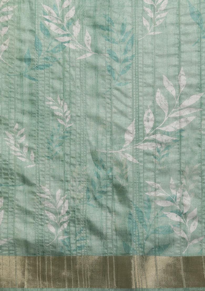 Green Printed Silk Blend Saree