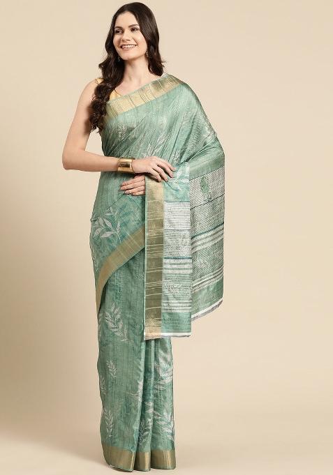 Green Printed Silk Blend Saree