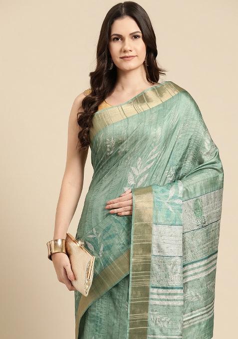 Green Printed Silk Blend Saree