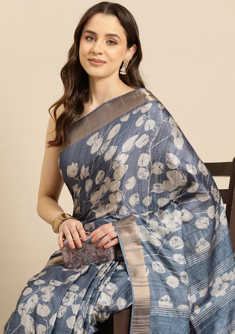 Blue Printed Silk Blend Saree
